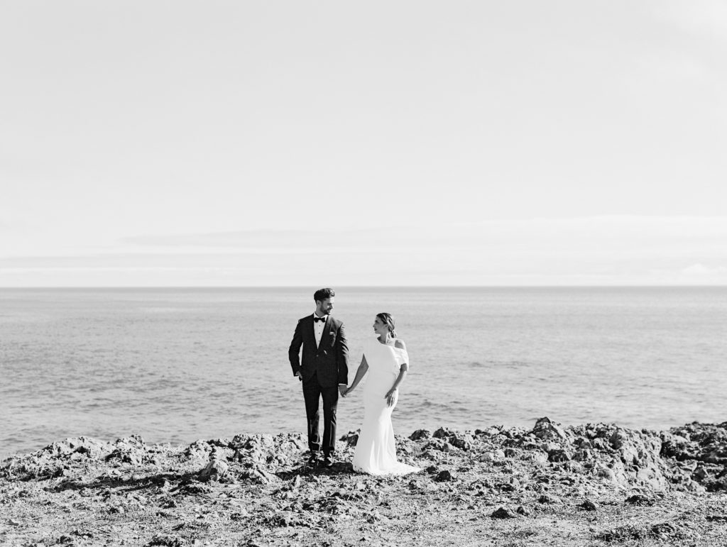 Bride and Groom stand side by side holding hands on bluff at Sea Ranch Lodge